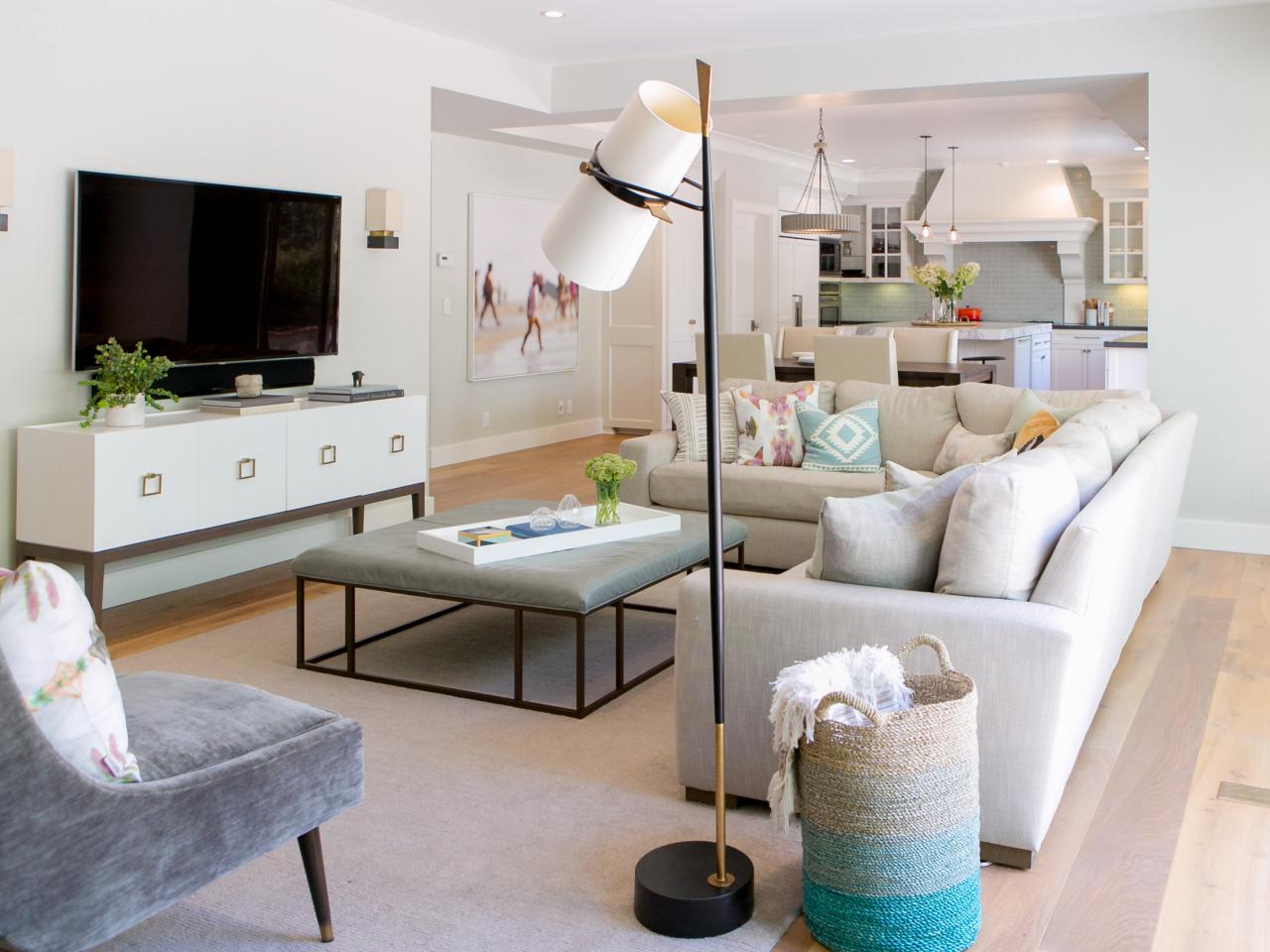 White Transitional Living Room With Blue Basket